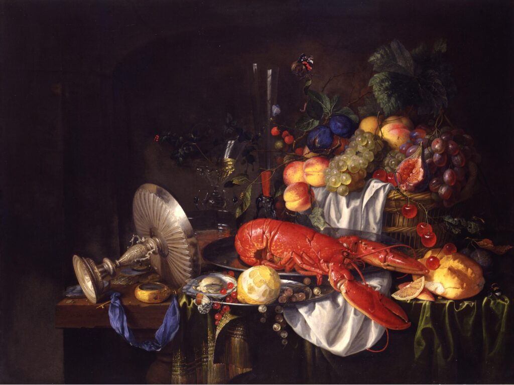 Still life painting of an overturned goblet and a basket of fruits, with a red lobster in the center