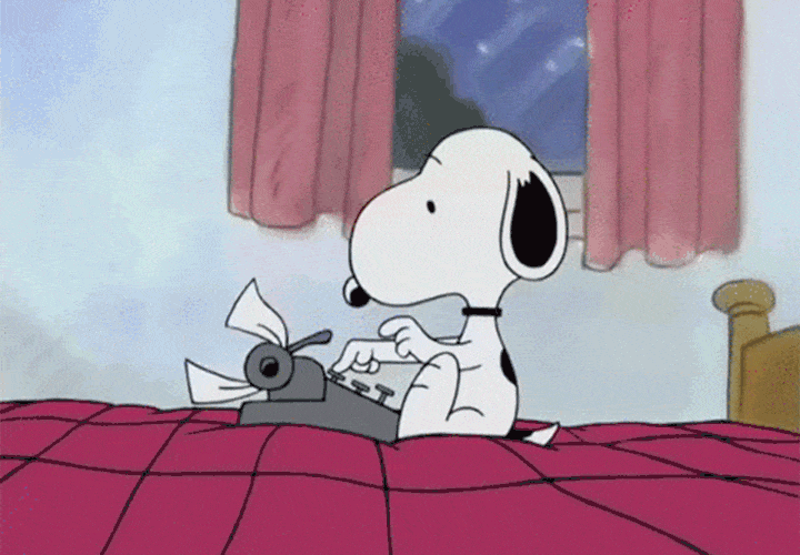 White cartoon dog with black floppy ears uses a typewriter and hands a person a paper